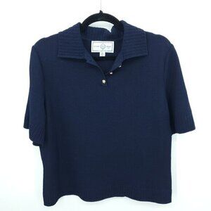St. John Sport Santana Knit Short Sleeve Embroidered Polo M Navy/Gold Buttons